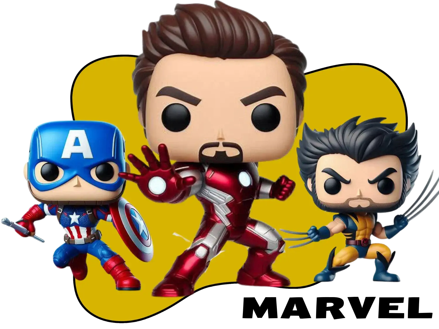 Marvel blind box figures featuring Iron Man, Captain America, and Wolverine in vinyl collectible style.