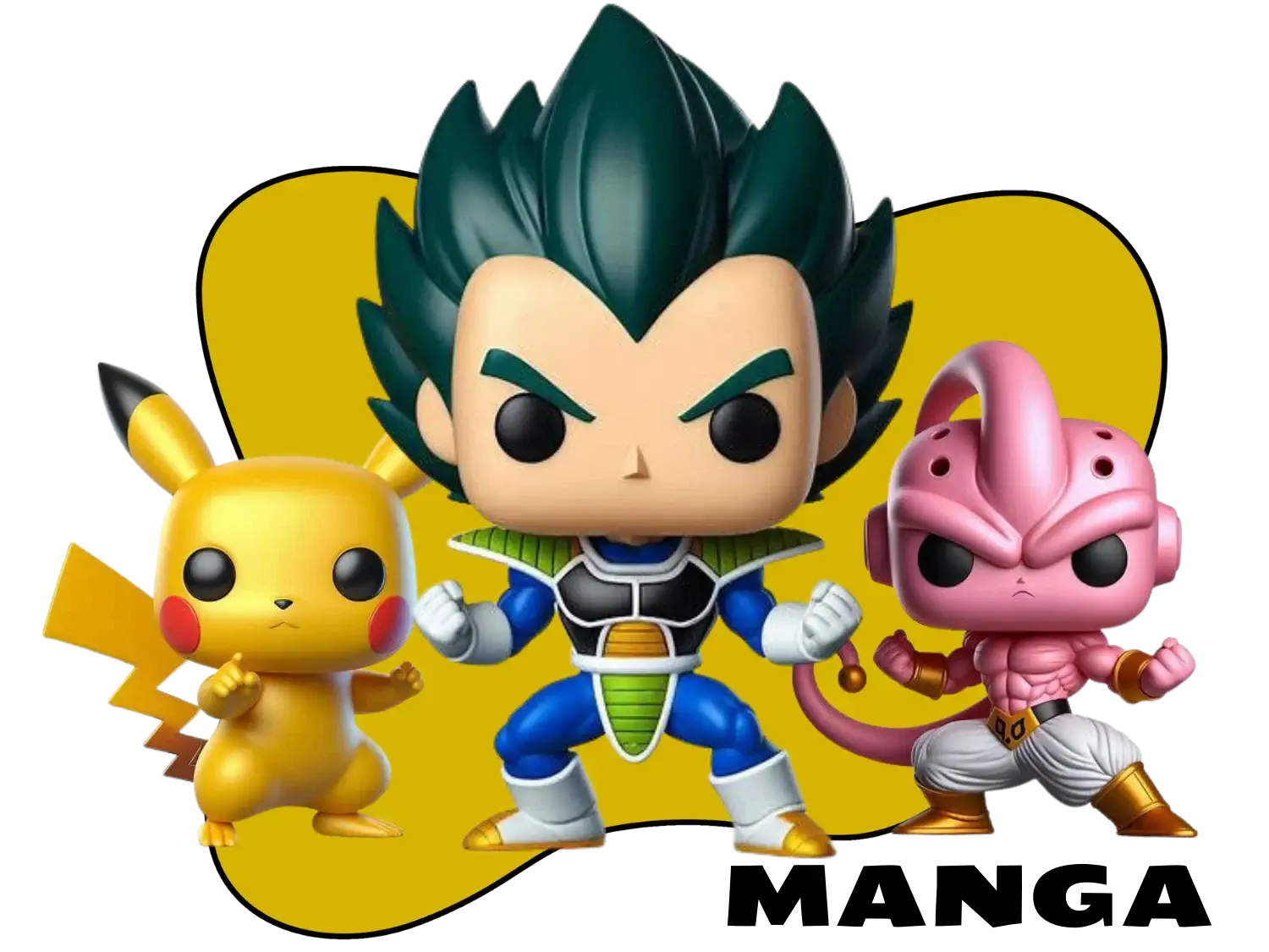Anime blind box figures featuring Pikachu from Pokémon, Vegeta and Majin Buu from Dragon Ball Z in Funko Pop style.