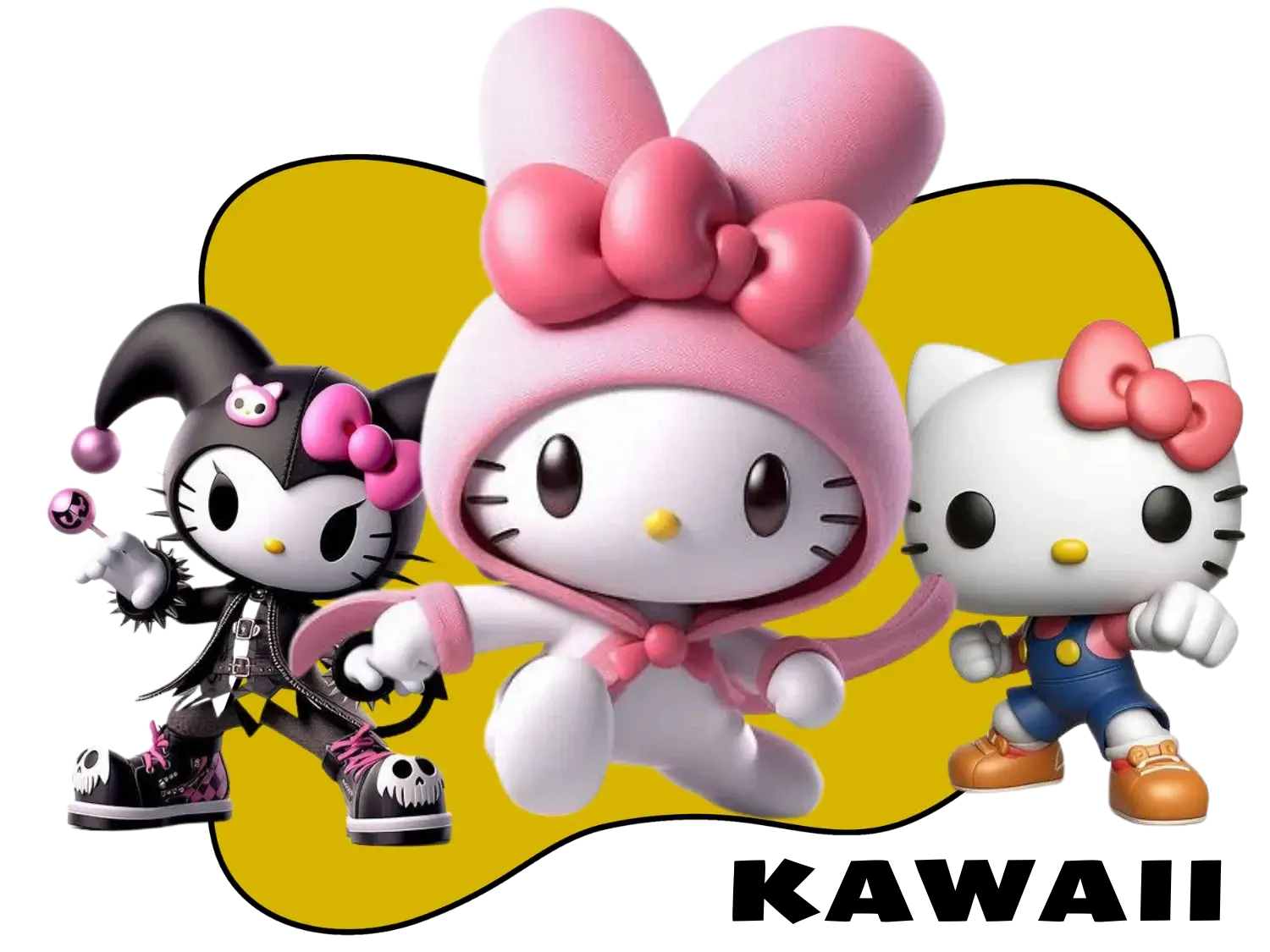 Sanrio blind box figures featuring Hello Kitty, Kuromi in gothic style, and My Melody in pink hoodie.
